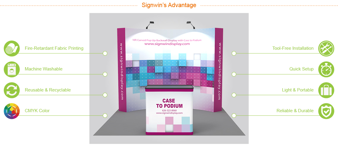 Custom 10ft Curved  Printing Fabric Pop Up Trade Show Booth Backwall  Display with Premium Case to Podium (Frame Graphic) Signwin ®