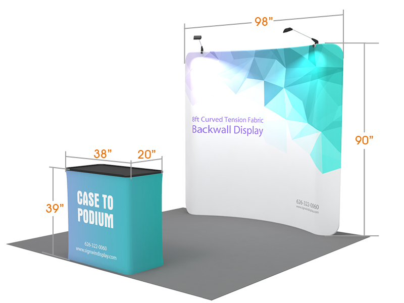 Custom 8ft Curved & Eye-catching Tension Fabric Trade Show Booth Backwall Display with Durable Case to Podium (Frame + Graphic) - SIGNWIN